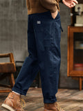Men's Japanese Style Cotton Solid Color Pockets Straight Cargo Pants with Belt