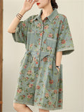 Women's Floral Print Pockets Overall Short Sleeve Denim Jumpsuits