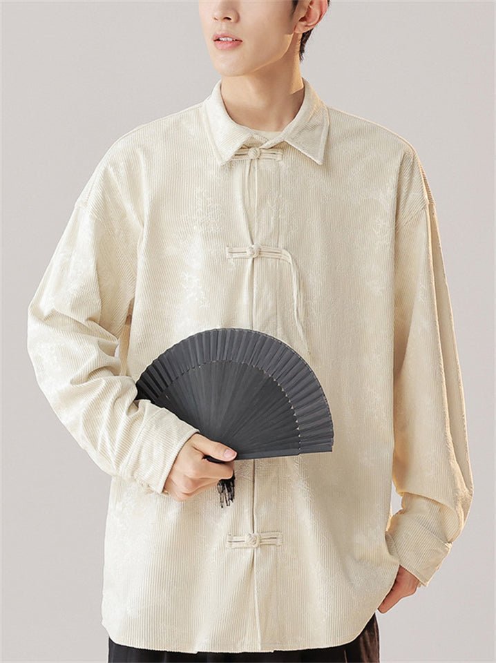 Chinese Style Frog Button Men's Lapel Print Long Sleeve Shirts