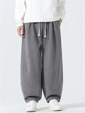 Chinese Style Drawstring Corduroy Wide Leg Pants for Men with Elastic Waist