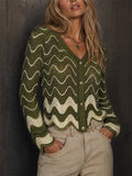 Women's Boho Wavy Crochet Hollow Out V Neck Button Up Cardigan