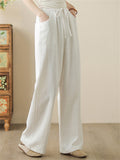 Women's White Solid Color Drawstring Drape Wide Leg Pants