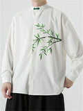 Men Chinese Style Long Sleeve Loose Fit Shirt with Bamboo Leaf Print