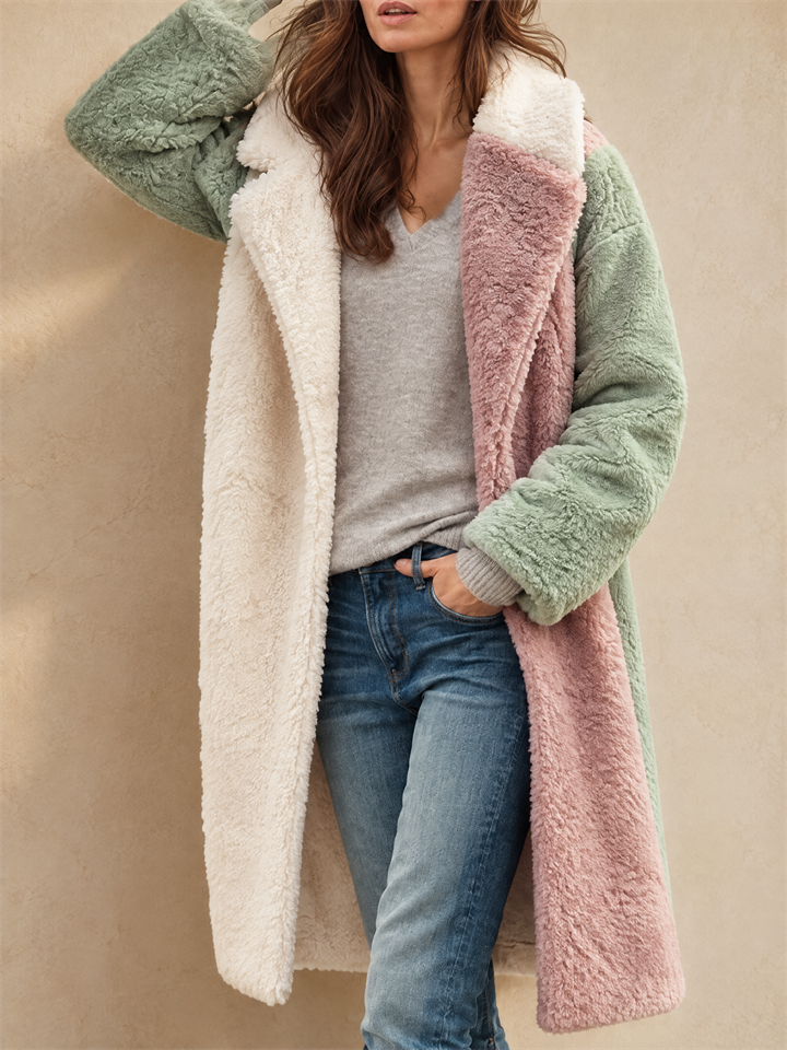 Women Color Block Faux Fur Coat Long Teddy Fleece Overcoat