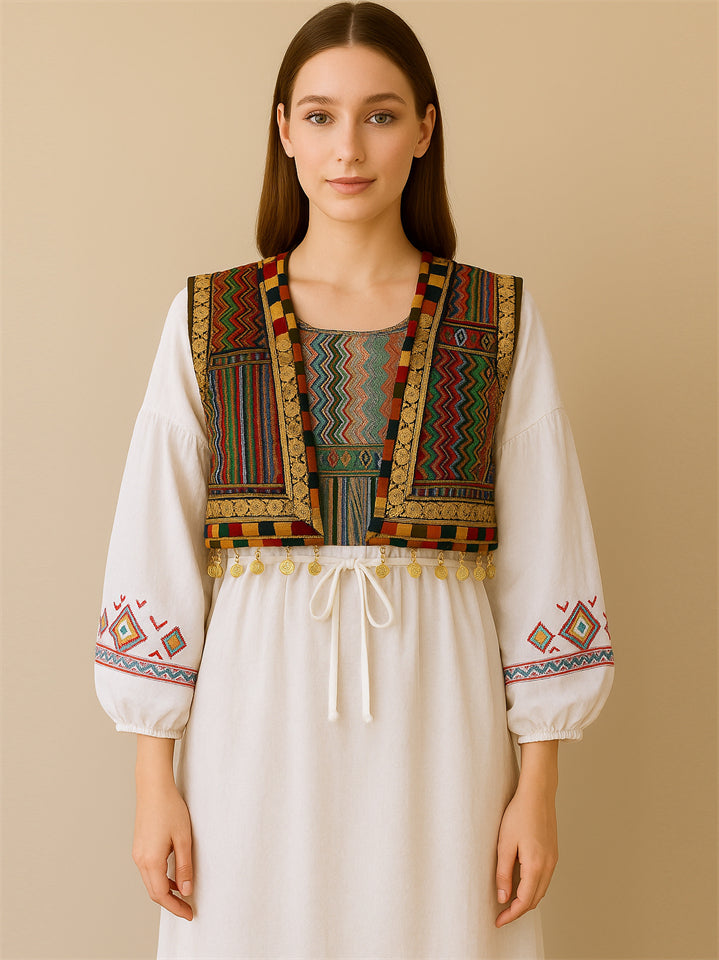 Women's Ethnic Style Patchwork Vest with Metal Pendant Decoration