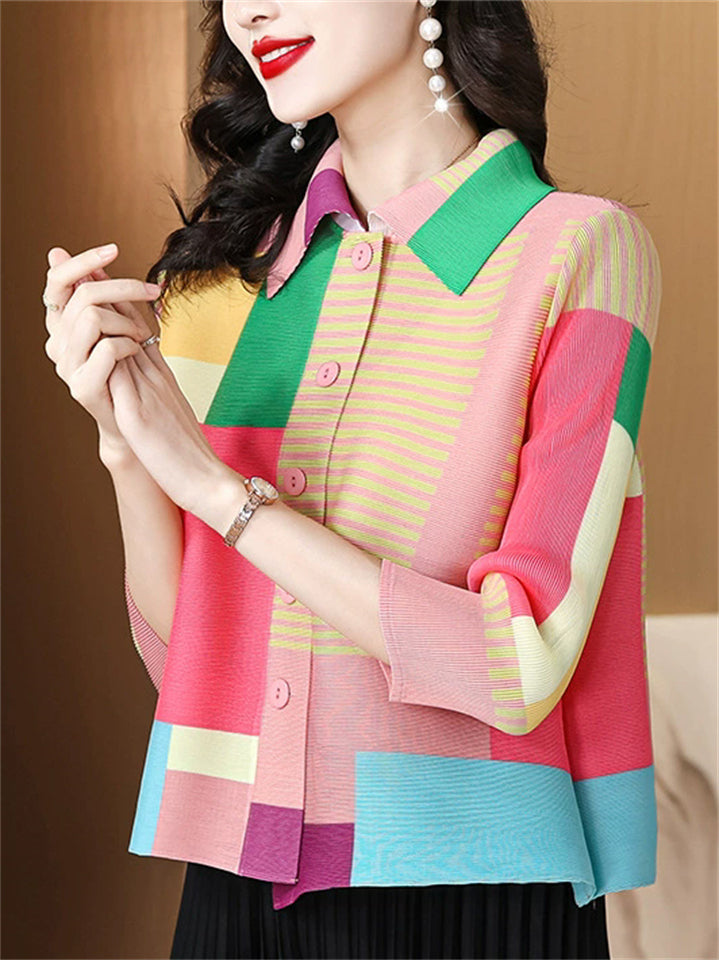 Female's One Size Elegant Striped Contrast Color Lapel 3/4 Sleeve Shirts