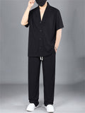 Men's Summer Plus Size V-Neck Short Sleeve Set with Loose Fit and Drawstring Pants
