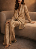 Women's Gold Sequin Single Breasted 2 Piece Blazer Wide Leg Party Suit