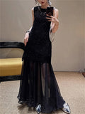 Women's Elegant Solid Color Hollow Patchwork Sleeveless Dress
