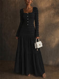 Women Smocked Square Neck Long Sleeve Tiered Maxi Dress