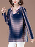 Women's Loose Contrast Color Cotton Stripe Long Sleeve Shirts