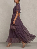Women Purple Chiffon Lace High Neck Puff Sleeve Maxi Dress