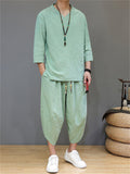 Men's 2Pcs Retro Chinese Style Casual Solid Color 3/4 Sleeve V Neck Outfits