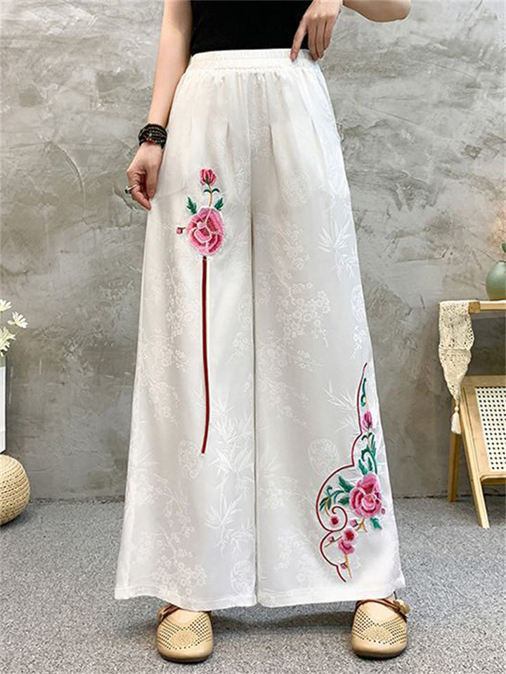 Women's Ethnic Style Flowers Embroidered Comfy High Rise Pants