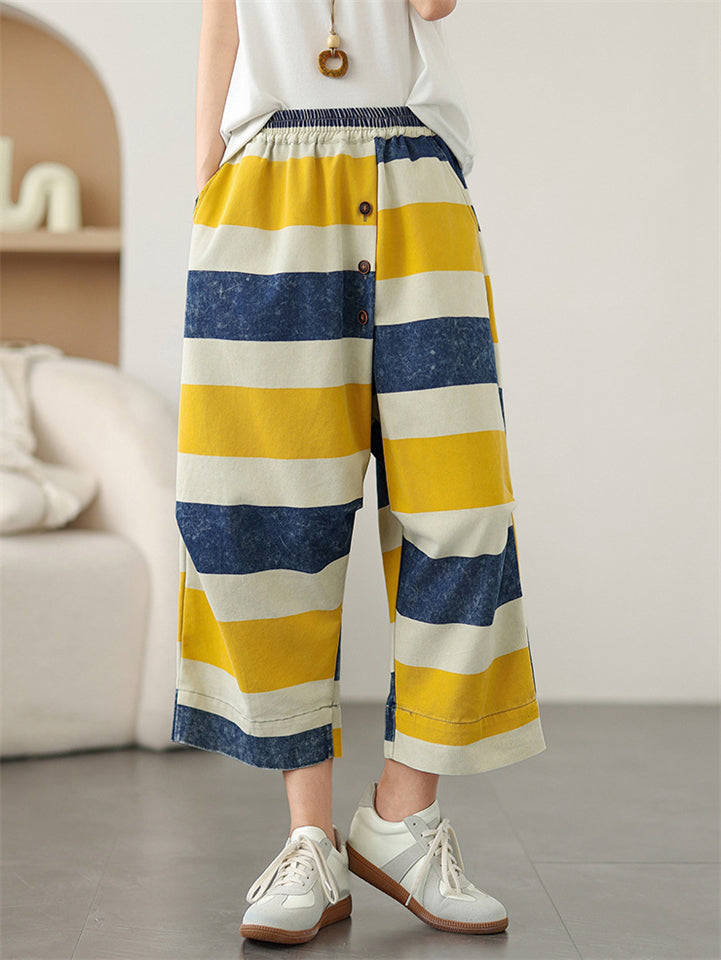 Women's Casual Contrast Color Wide Leg Cropped Harem Pants