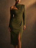 Women Ruched High Neck Asymmetric Slit Bodycon Dress