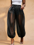 Women High Waist Sheer Mesh Lantern Pants Pleated with Shorts
