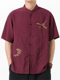 Chinese Style Men's Crane Embroidery Stand Collar Half Sleeve Shirts