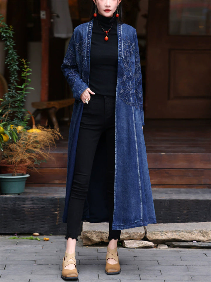 Women's Long V Neck Retro Embroidery Denim Cardigan Coat