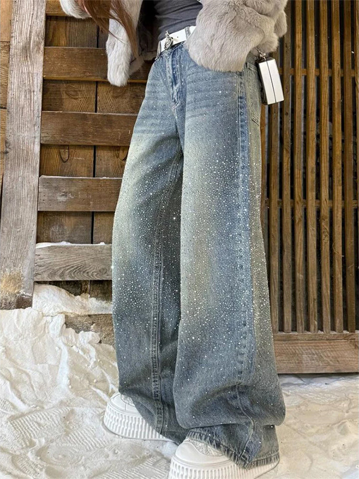 Women's Spring Rhinestone Glitter Wide Leg Flare Denim Pants