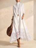 Women Faux Suede Turtleneck Lace Trim Long Sleeve Maxi Dress