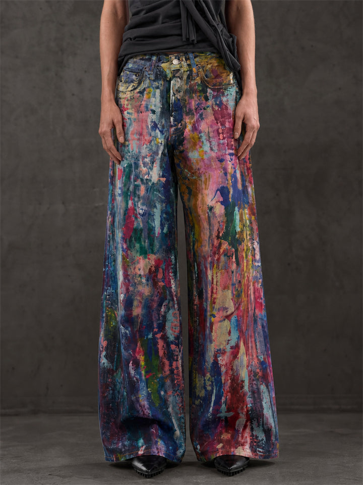 Women Colorful Graffiti Wide Leg High Waist Denim Jeans