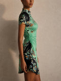 Women Green Floral Ruched Cheongsam Bodycon Mini Party Dress