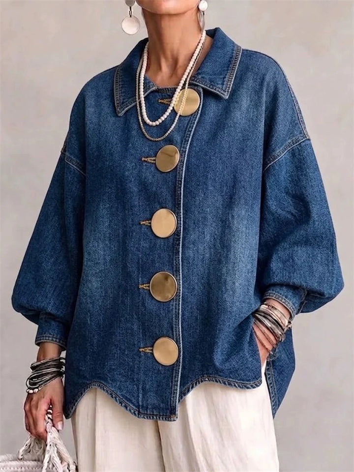 Women Autumn Stylish Oversize Lapel Metal Button Denim Jacket
