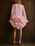 Women Pink Shiny Tiered Ruffle Long Sleeve Party Mini Dress