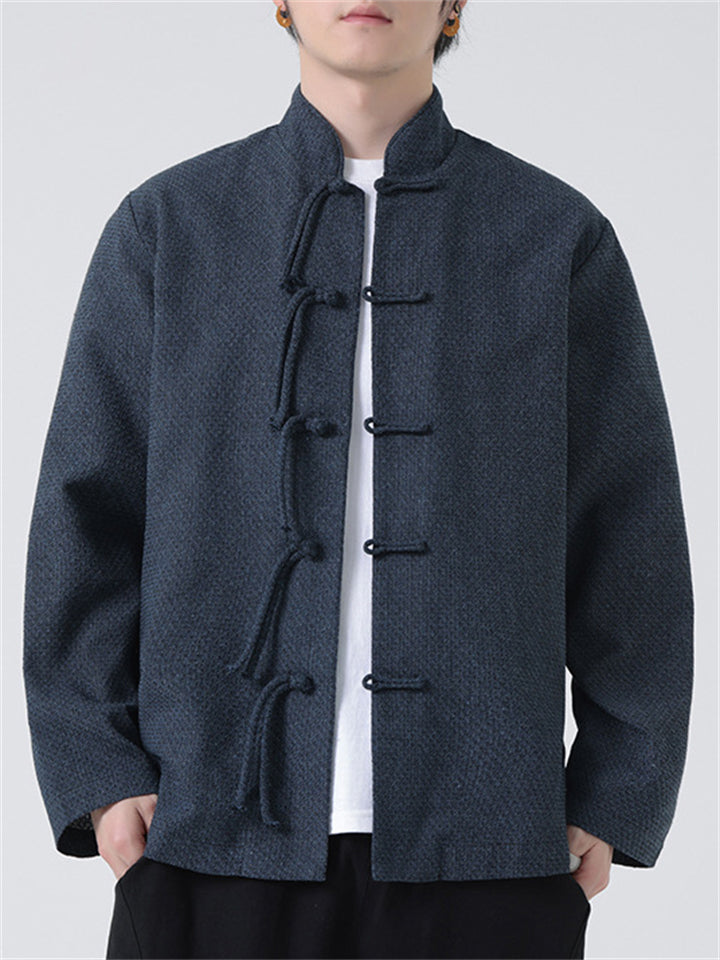 Men's Chinese Style Solid Color Frog Button Stand Collar Shirts