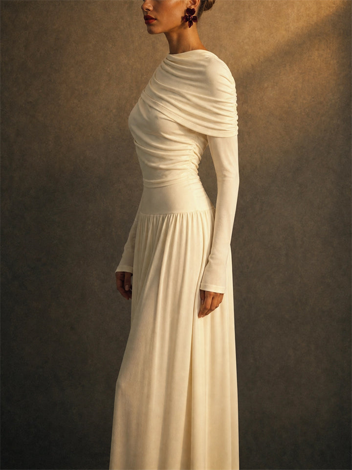 Womens Elegant Scarf Neck Long Sleeve Pleated Draped Maxi Dress