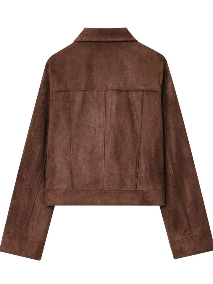 Women's Autumn Retro Solid Color Zip Up Lapel Short Jackets