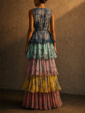 Women Boho Sleeveless Floral Multi Color Tiered Maxi Dress