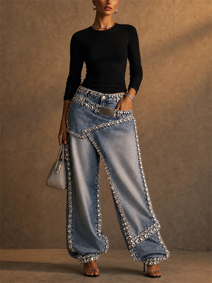 Womens Rhinestone Crystal High Waist Wide Leg Baggy Denim Pants