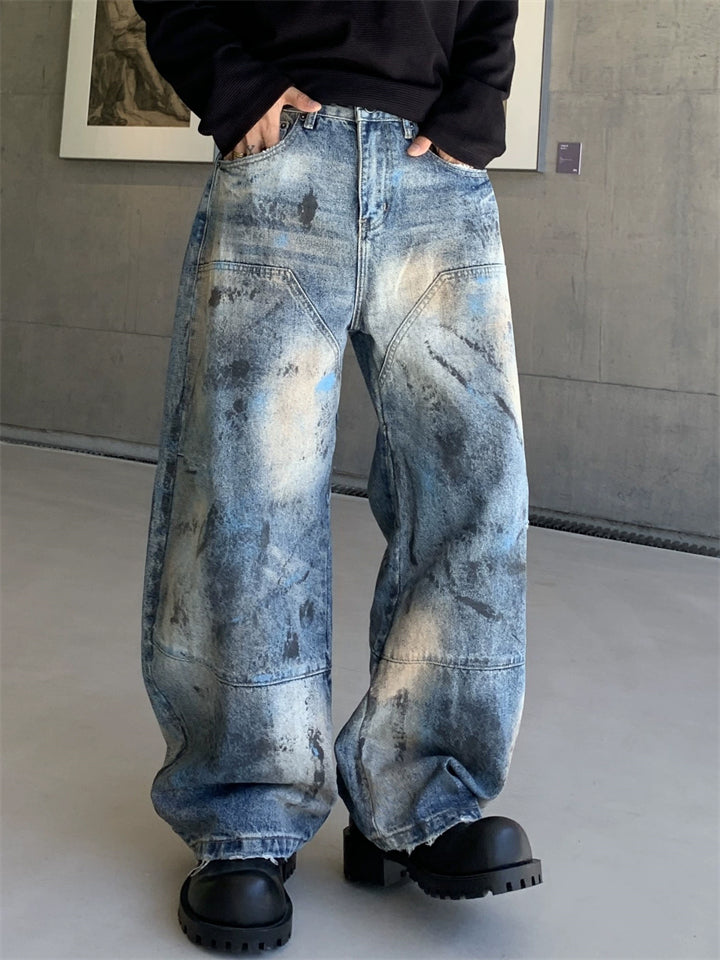 Men's Vintage Streetwear Distressed Hip Hop Wash Baggy Scimitar Jeans