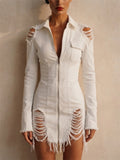 Women Zip Long Sleeve White Distressed Denim Mini Dress