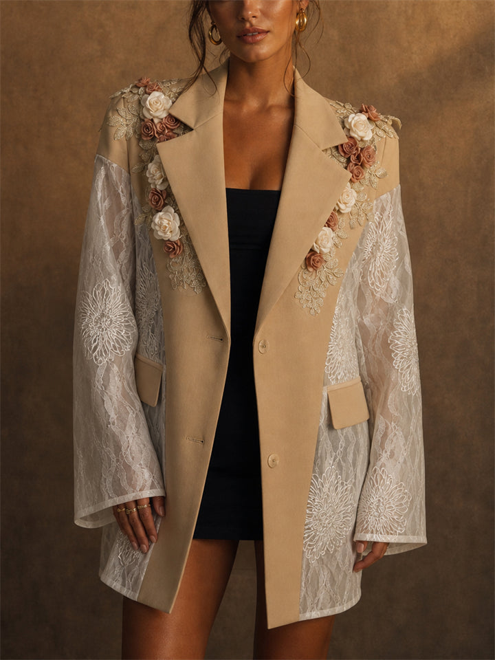 Womens 3D Floral Applique Lace Patchwork Blazer Coat