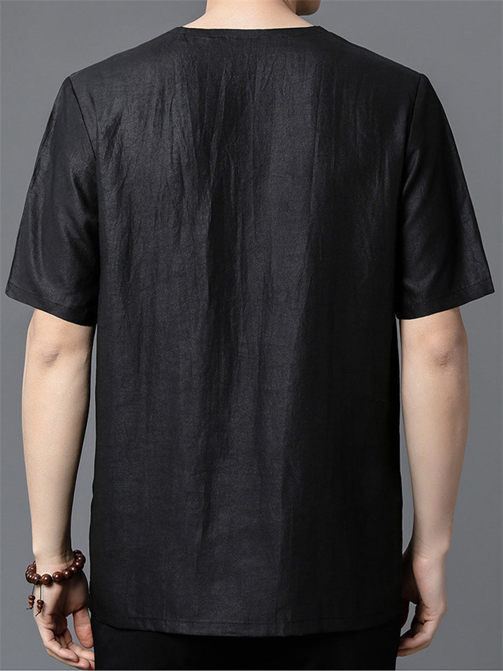 Men's 2Pcs Summer Chinese Style Black Tussah Silk Short Sleeve Tangsuit Outfits