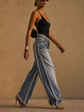 Womens Rhinestone Crystal High Waist Wide Leg Baggy Denim Pants