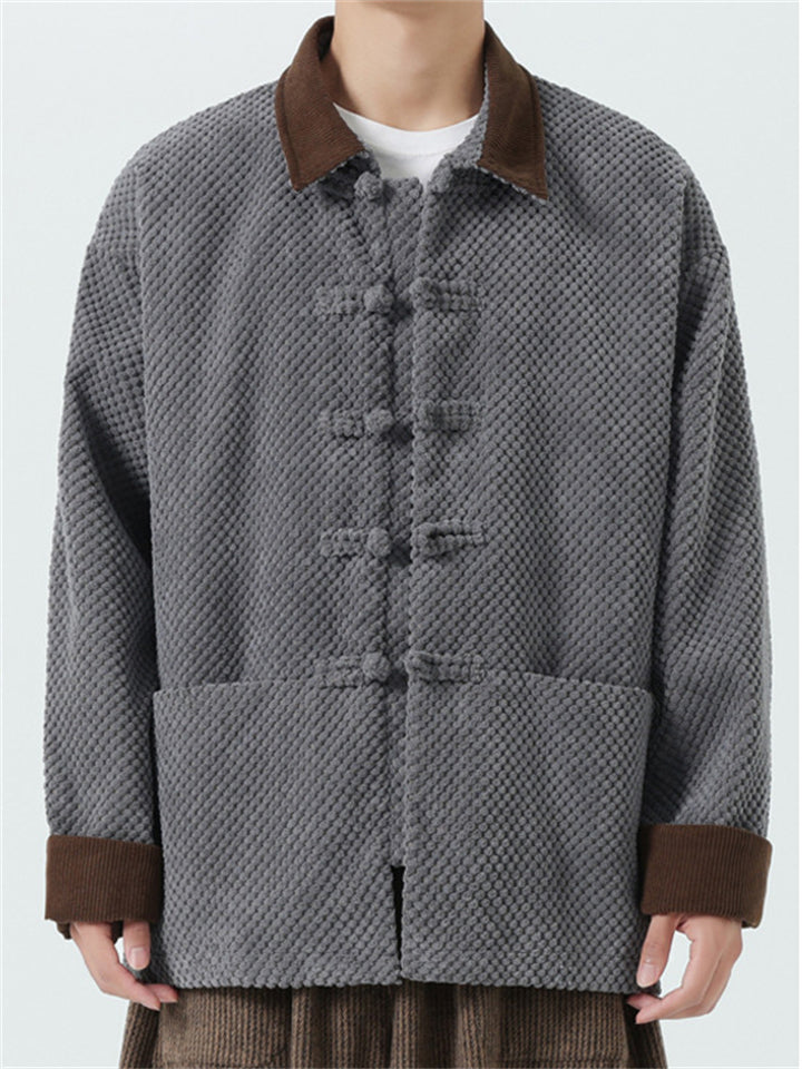 Oriental Style Vintage Lapel Corduroy Contrast Trim Jacket for Men