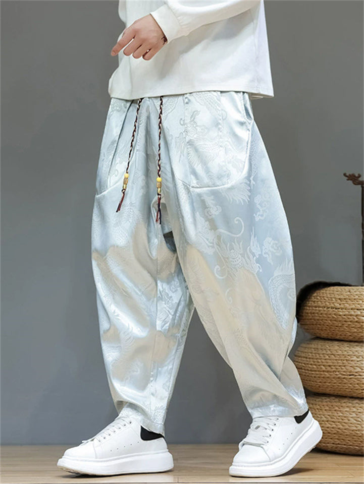 Men's Chinese Style Trendy Loong Print Wide-leg Bloomers Pants