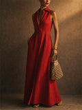 Womens Red Linen Blend Collared Sleeveless Maxi Shirt Dress