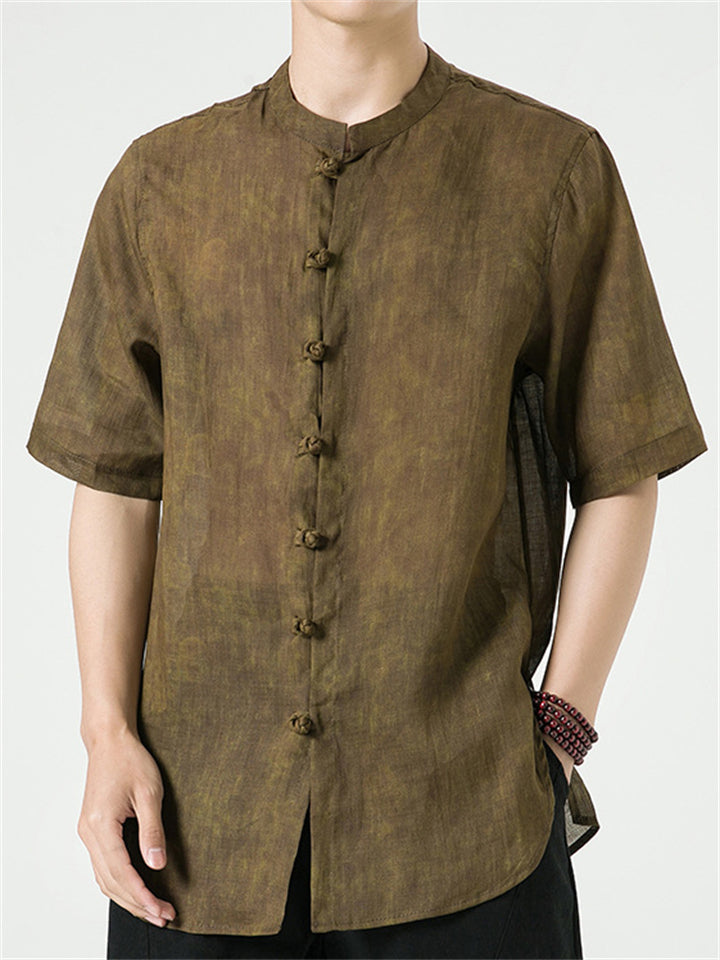 Men's Summer Casual Solid Color Ramie Frog Button Shirts