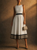 Women White Sleeveless A Line Midi Elegant Leopard Hem Dress