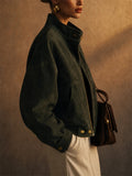 Women Dark Green Faux Suede Jacket Gold Buttons Moto Bomber Coat