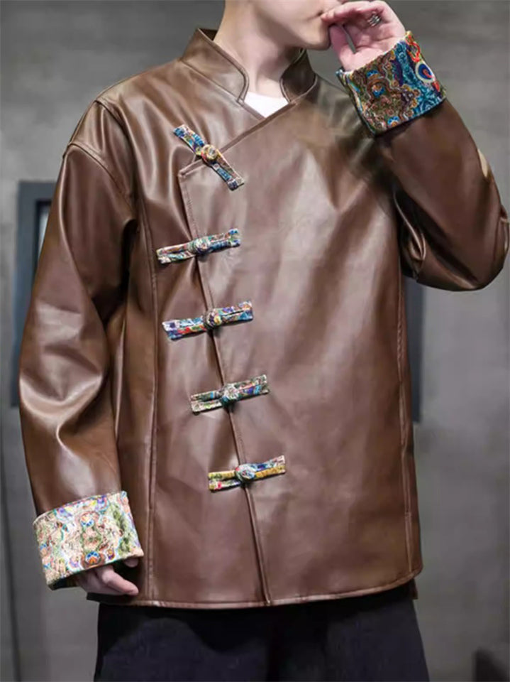 Chinese Style Patchwork Slant Placket PU Tang Suit Jacket for Men