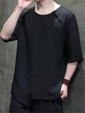 Men's Chinese Style Solid Color Asymmetric Hem Short Sleeve Shirts