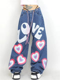 Women's Trendy LOVE Hearts Print Loose Wide Leg Jeans