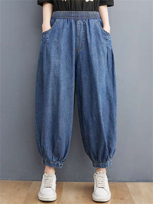 Women's Elastic Waist Wide Leg Cropped Jeans