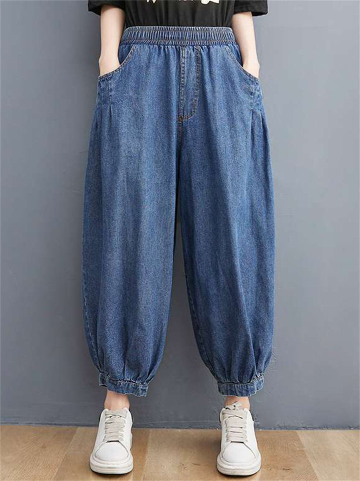 Women's Elastic Waist Wide Leg Cropped Jeans